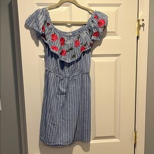 Striped Off-Shoulder Dress with Floral Embroidery